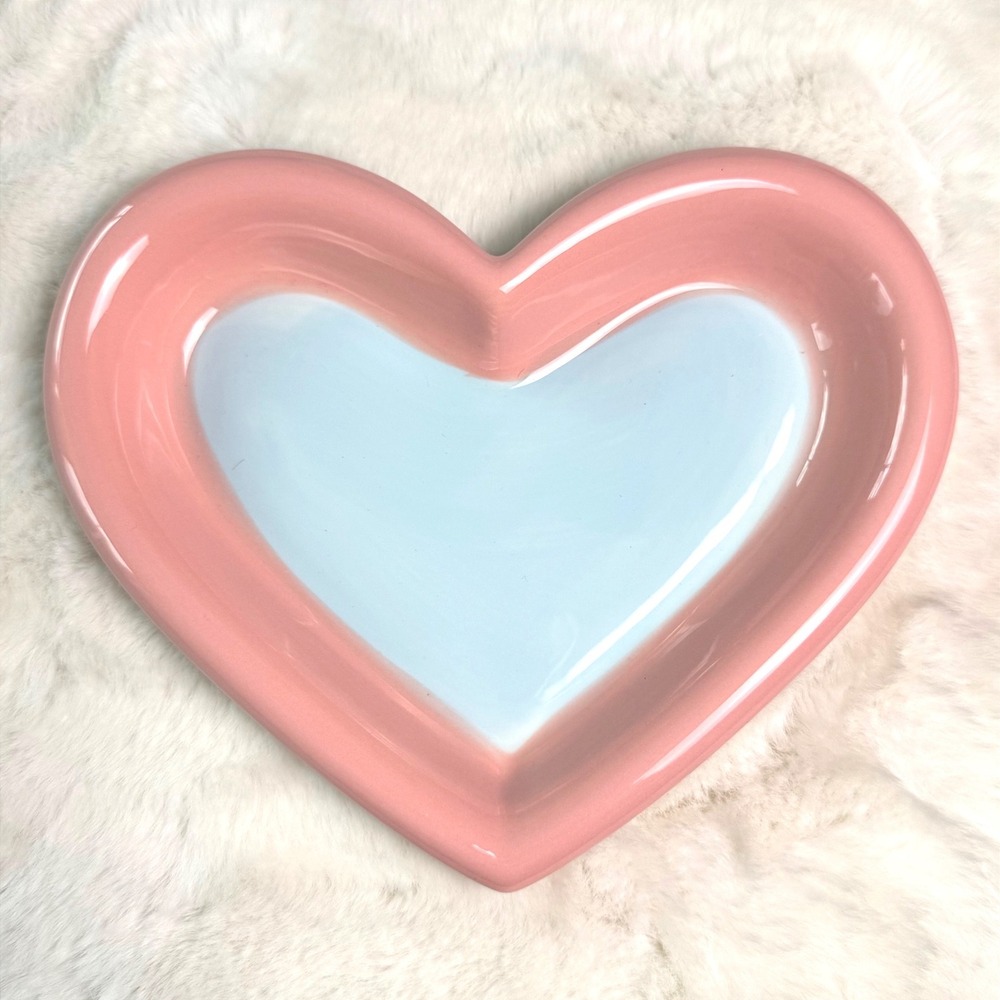 New Large Pink Blue Heart Ceramic Trinket Pet Dish Nesting Jewelry Tray